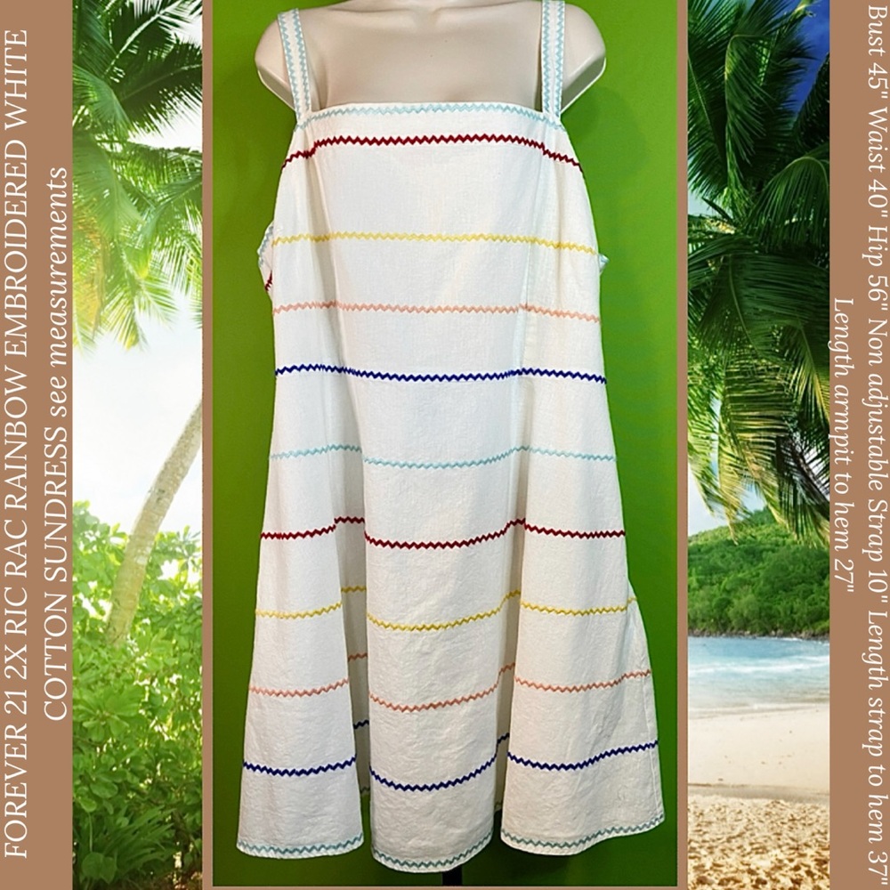 FOREVER 21 2X RIC RAC RAINBOW EMBROIDERED WHITE COTTON SUNDRESS see measurements